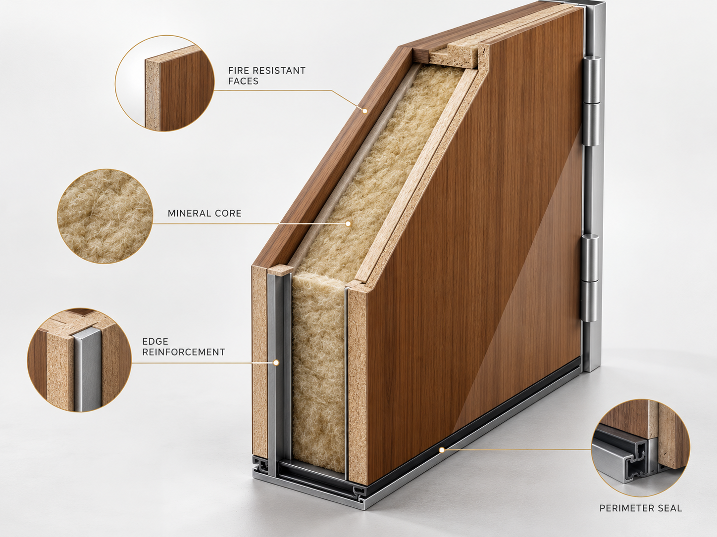 Technical cutaway of fire-rated door construction