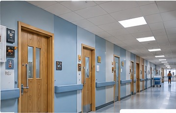 Hospital corridor with timber fire doors