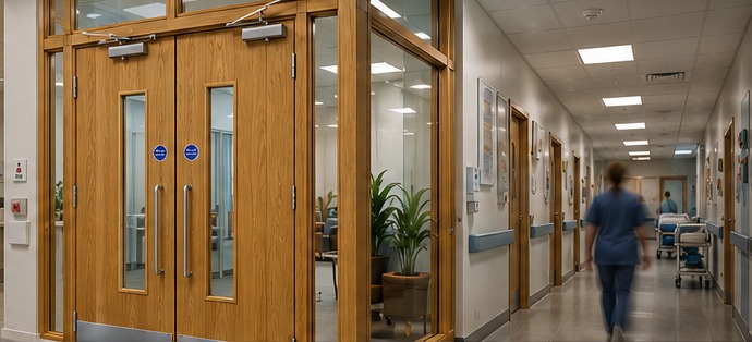 Fire doorset in a healthcare corridor
