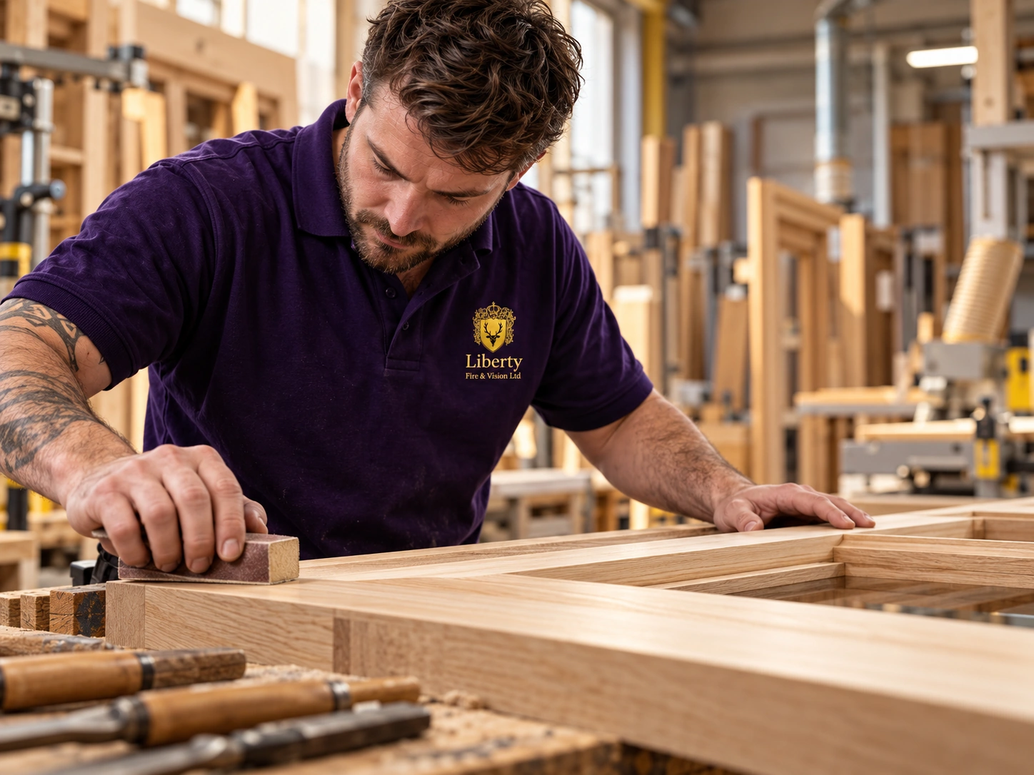 Traditional joiner hand finishing timber in a workshop