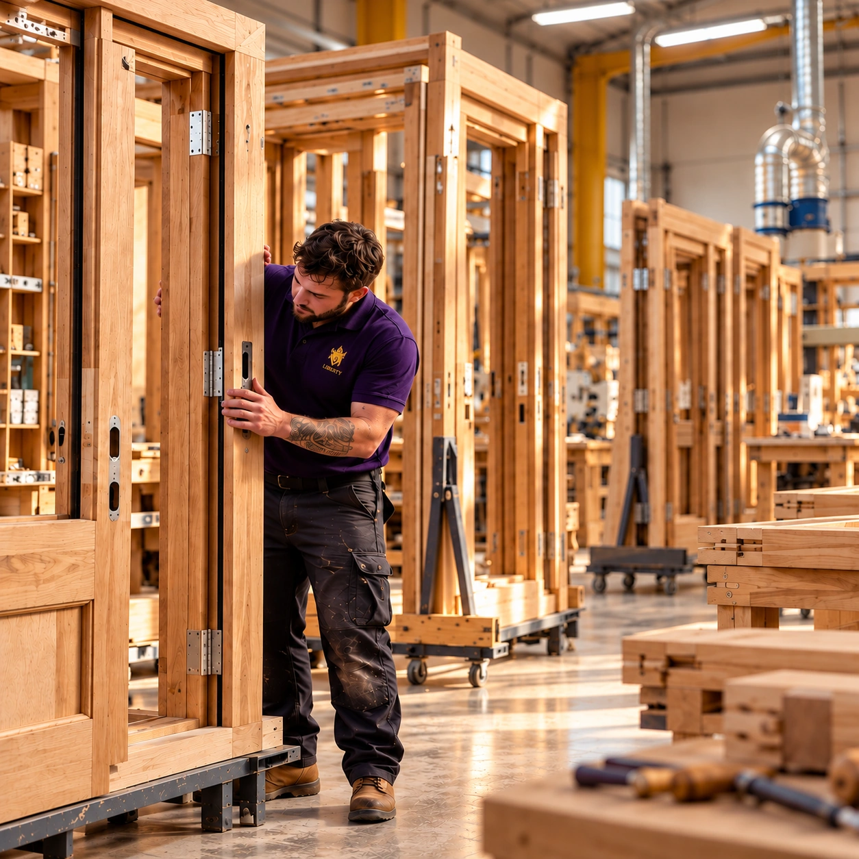 Timber door frames arranged in a workshop